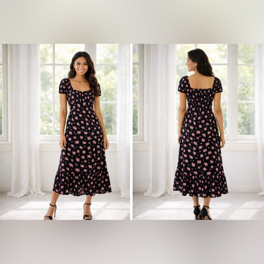 ANGIE Romantic | Cottagecore | Floral Midi Dress Puff Sleeves  Small | Sold Out